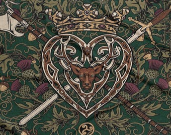 The Scottish Celtic Luckenbooth Heart Woven Blanket • Medieval Crossed Sword & Poleaxe Tapestry