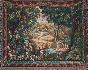 Verdure Aux Canards Woven Tapestry Blanket, Greenery and Ducks European Tapestry