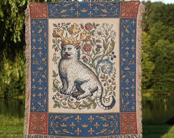 Crowned Medieval Cat Woven Tapestry Blanket • %100 Cotton Throw