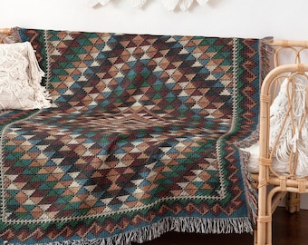 Boho Mosaic Woven Blanket • Southwestern Tribal Throw • Rustic, Folk Decor Accent