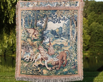 Medieval Dragon Fighting a Panther Woven Tapestry Blanket