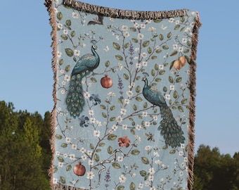 Peacocks in Fruiting Orchard Woven Tapestry Blanket • Cottagecore Decor