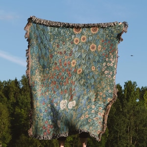 Farm Garden with Sunflowers Woven Blanket, Boho Cotton Throw Blanket, Floral Tapestry, Gustav Klimt Inspired, Eclectic Home Room Wall Decor