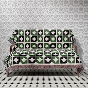 Atomic Star Grid Woven Blanket, Mid-Century Modern Style Home Decor, Green Black Cotton Throw Blanket