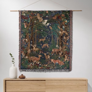 Woodland Woven Tapestry Blanket, Medieval-Inspired Verdure, Naturecore, Cottagecore, Fairytale Forest Animals, Home Room Wall Hanging Decor