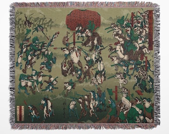 Japanese Ukiyo-e Frog Battle Woven Tapestry Blanket • Kawanabe Kyōsai 1877 Restored Triptych “The Unreconcilable War (Battle of the Frogs)”