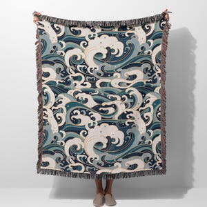 Ocean Surge Woven Blanket – Japanese Wave Pattern Couch, Sofa, Bed Throw Blanket, Ukiyo-e Style, Traditional Art Inspired Home Decor