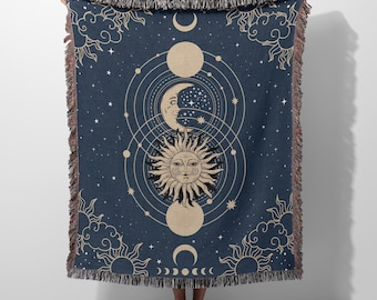 Celestial Sun Moon Woven Tapestry Blanket, Cosmic Starry Night Throw, Ethereal Mystical Boho Decor