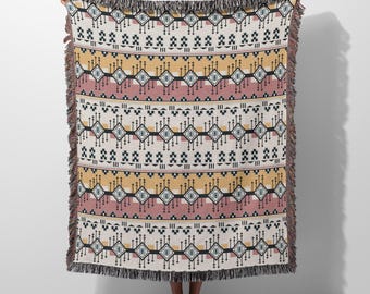 Boho Folk Stripe Woven Blanket • Diamond Medallion Throw • Southwestern Inspired Decor