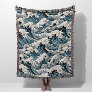 Japanese Wave Woven Blanket • Great Wave Inspired Cotton Throw • Ukiyo-e Style, Traditional Art Decor