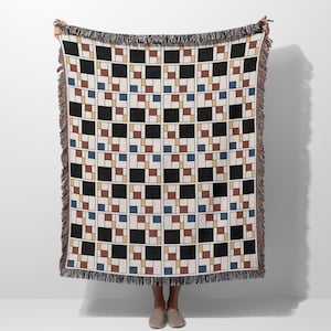 Bauhaus Blocks Woven Blanket, Geometric Grid Cotton Throw Blanket, Modern Home Decor