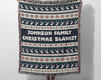 Custom Nordic Christmas Woven Blanket • Knit-Look Fair Isle Reindeer & Snowflakes • Personalized Family Name Scandinavian Holiday Throw