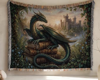 Emerald Dragon Woven Blanket • Fantasy Tapestry • Medieval, Dark Academia Decor