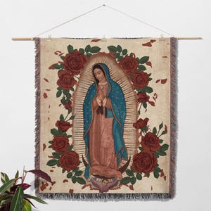 Our Lady of Guadalupe Virgen De Guadalupe Woven Blanket, Catholic Tapestry, Cotton Throw Blanket, Mother Mary Religion Decor