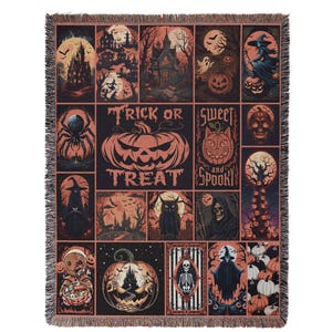 May include: Halloween-themed woven throw blanket featuring a collage of spooky illustrations. The design includes pumpkins, haunted houses, witches, and the text "Trick or Treat" and "Sweet and Spooky". The color palette is primarily black, orange, and brown.