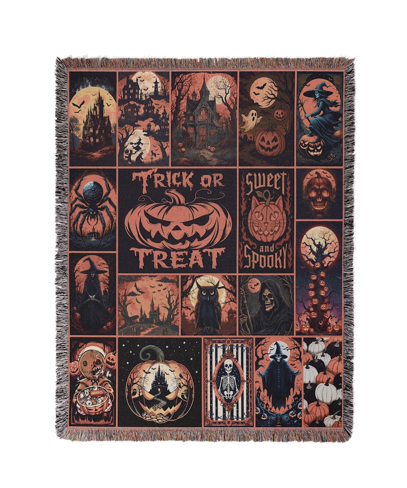 May include: Halloween-themed woven throw blanket featuring a collage of spooky illustrations. The design includes pumpkins, haunted houses, witches, and the text "Trick or Treat" and "Sweet and Spooky". The color palette is primarily black, orange, and brown.