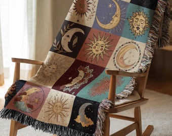 Sun & Moon Woven Tapestry Blanket • Cotton Celestial Patchwork Throw • Colorful Astrological Checkerboard Design