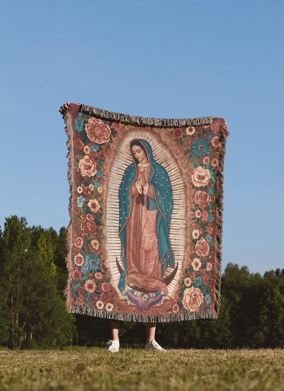 Our Lady of Guadalupe Woven Blanket • Virgen De Guadalupe Catholic Tapestry • Mother Mary Cotton Throw