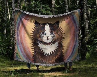 Louis Wain Cat in a Rainbow Woven Tapestry Blanket • Psychedelic Decor