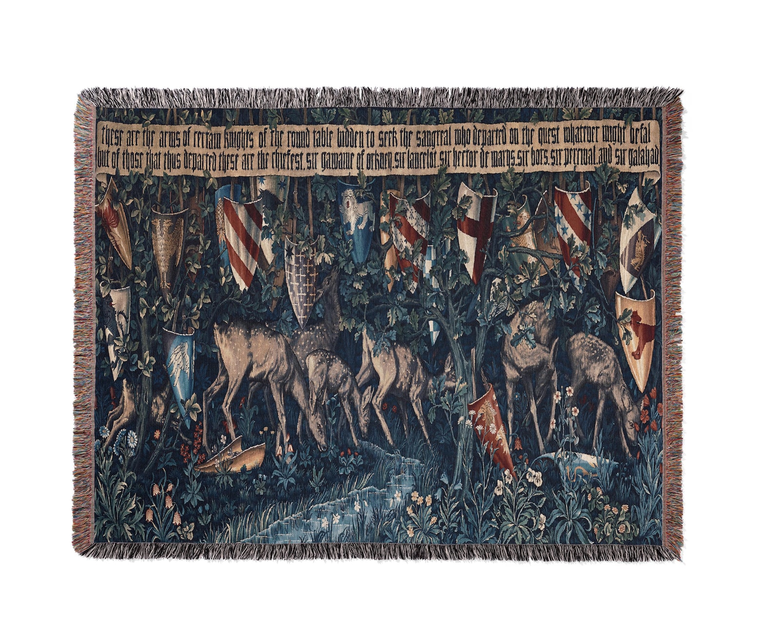 William Morris Verdure with Deer and Shields Woven Tapestry Blanket, Holy Grail Tapestries, Medieval Revival, Home Decor - 37"x52" - Small