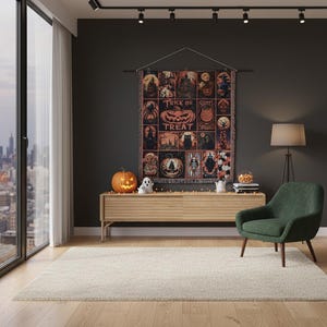 May include: A Halloween-themed tapestry with a grid of spooky illustrations and the words "Trick or Treat" in orange. The tapestry hangs above a wooden cabinet with a carved pumpkin and other decorations. A green armchair sits nearby.