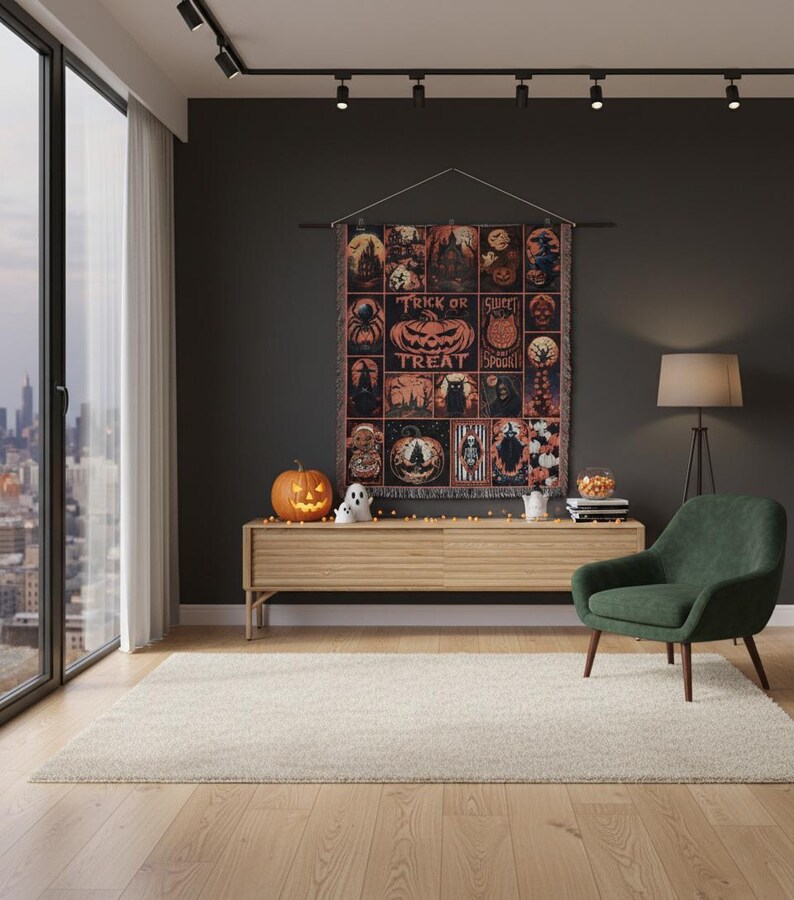 May include: A Halloween-themed tapestry with a grid of spooky illustrations and the words "Trick or Treat" in orange. The tapestry hangs above a wooden cabinet with a carved pumpkin and other decorations. A green armchair sits nearby.