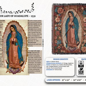 May include: A woven throw blanket featuring an image of Our Lady of Guadalupe, with a blue mantle adorned with stars and a pink tunic. The design includes a floral garland border and is available in three sizes: 37" x 52", 50" x 60", and 60" x 80".