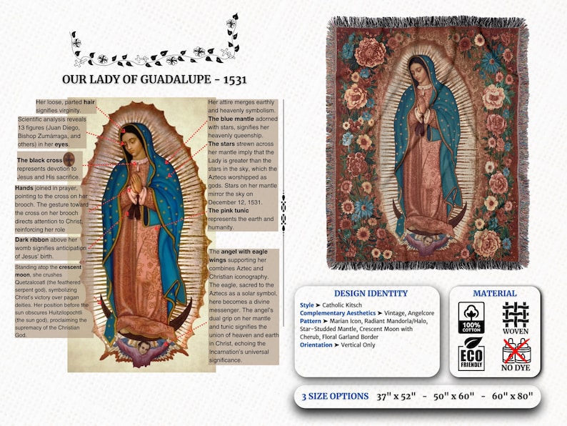May include: A woven throw blanket featuring an image of Our Lady of Guadalupe, with a blue mantle adorned with stars and a pink tunic. The design includes a floral garland border and is available in three sizes: 37" x 52", 50" x 60", and 60" x 80".