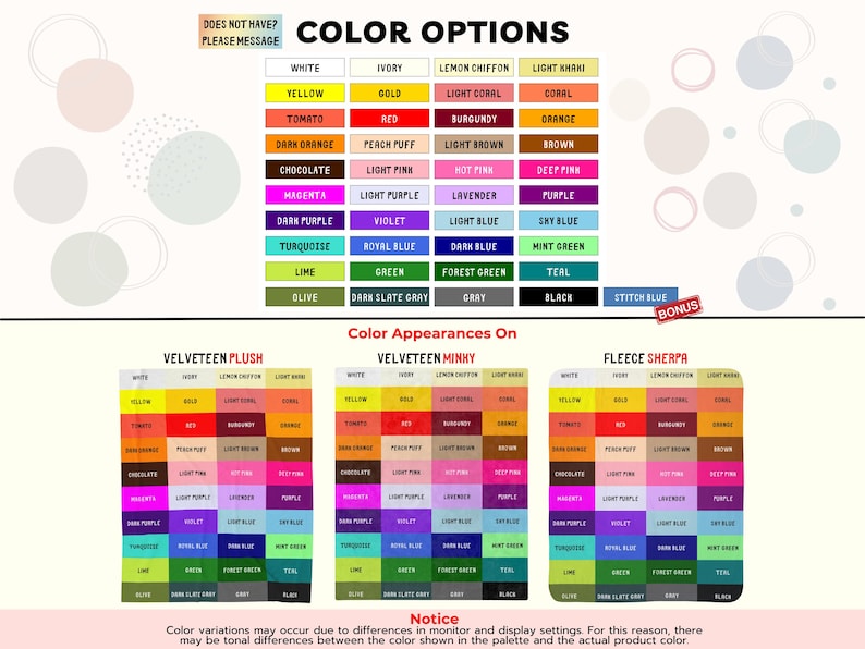 40 color options: White, Ivory, Lemon Chiffon, Light Khaki, Yellow, Gold, Light Coral, Coral, Tomato, Red, Burgundy, Orange, Dark Orange, Peach Puff, Light Brown, Brown, Chocolate, Light Pink, Hot Pink, Deep Pink, Magenta, Light Purple, Lavender, Purple, Dark Purple, Violet, Light Blue, Sky Blue, Turquoise, Royal Blue, Dark Blue, Mint Green, Lime, Green, Forest Green, Teal, Olive, Dark Slate Gray, Gray, Black