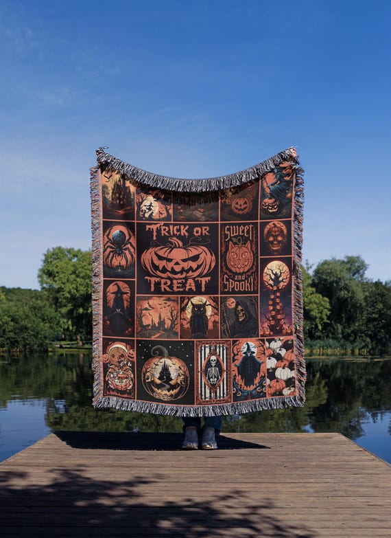 Vintage Halloween Poster-Inspired Woven Tapestry Blanket • Jack-o’-Lantern Pumpkin Throw • Spooky Season Decor