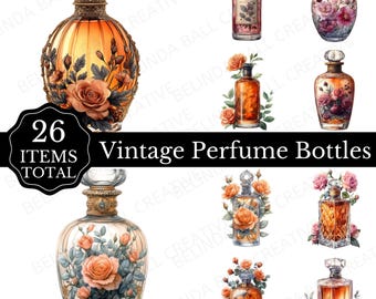 Printable Vintage Ornate Perfume Bottles Clipart Set of 26, Junk Journal Ephemera, Digital Download