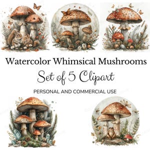 Printable Set of 5 Watercolor Mushrooms Clipart, Forest Nature Toadstool clip art set, Cottagecore Natural PNG Digital Designs