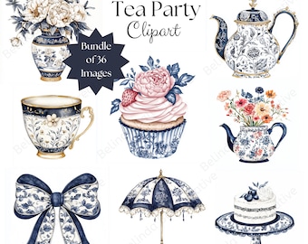 Printable Afternoon Tea Party Bundle of 36 Clipart, Victorian Tea Party Clip Art, Mothers Days, Vintage Tea Party Png, Elegant Floral Teacup