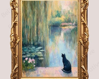 Lámina decorativa imprimible de un gato negro al estilo Monet – Paisaje de jardín impresionista para decoración del hogar