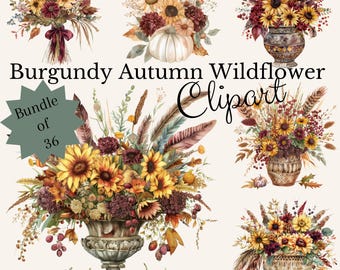 Printable Autumn Burgundy Wildflowers Bundle PNG, Watercolor Fall Bouquet Arrangement Clipart