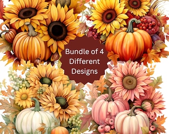 May include: A digital illustration featuring four distinct autumn-themed arrangements of sunflowers, pumpkins, and fall foliage. The center contains a dark red starburst shape with the white text Bundle of 4 Different Designs printed clearly.