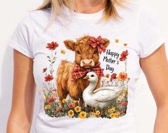 Printable Happy Mother's Day PNG, Cute Highland Cow and Goose, Floral Mom Clipart, Mother’s Day Sublimation Design, Digital Download
