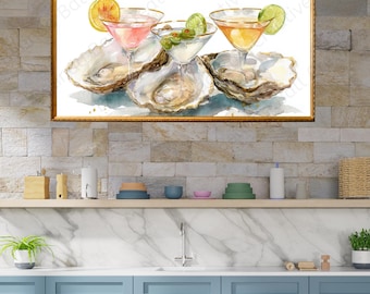 Printable Elegant Watercolor Oysters and Cocktails Wall Art PDF, Coastal Kitchen Print Decor