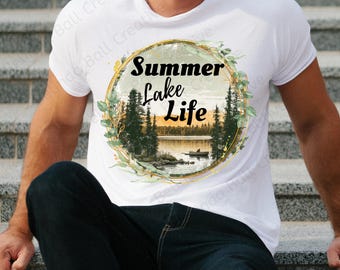 Printable Summer Lake Life PNG, Vintage Watercolor Lake Scene, Rustic Fishing Sublimation Design, Retro Lake Clipart, Distressed Nature PNG