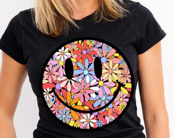 Cara sonriente de margarita colorida imprimible PNG / Cara feliz retro con estilo / Descarga digital con diseño de flores bohemias / Diseño de sublimación