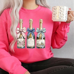 Printable Watercolor Champagne Bottles with Coquette Bows | Social Club Watercolor PNG | Preppy Design | Sublimation | Grandmillennial PNG