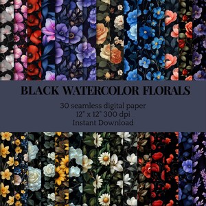 30 Black Watercolor Floral Printable Paper Seamless Romantic Floral Digital Download Vintage Scrapbook Paper Flower Junk Journal