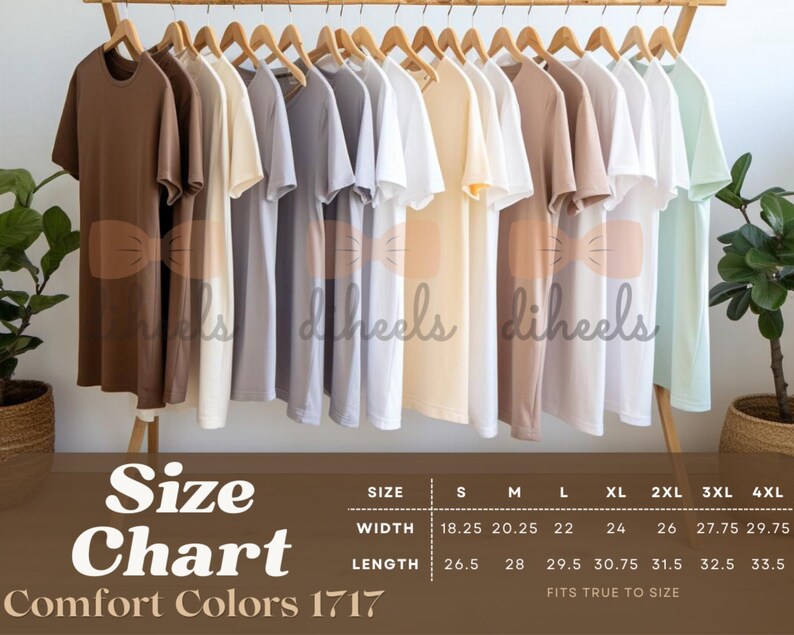 May include: Size chart for Comfort Colors 1717 t-shirts, showing measurements in inches for width and length in sizes S through 4XL. The chart shows the t-shirts are available in brown, beige, white, gray, light blue, and light green.
