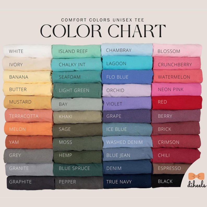 May include: Color chart showing 24 different colors of unisex t-shirts. The colors are arranged in rows and columns, with the names of each color listed below each swatch.