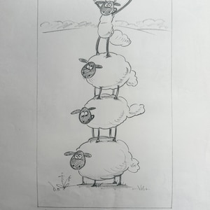 Original Shaun the Sheep Pencil Drawing – Sheep Tower – Rare Aardman Studio Artwork