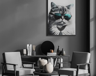 Cool katt med solglasögon konsttryck – Snygg digital kattkonst för kattälskare