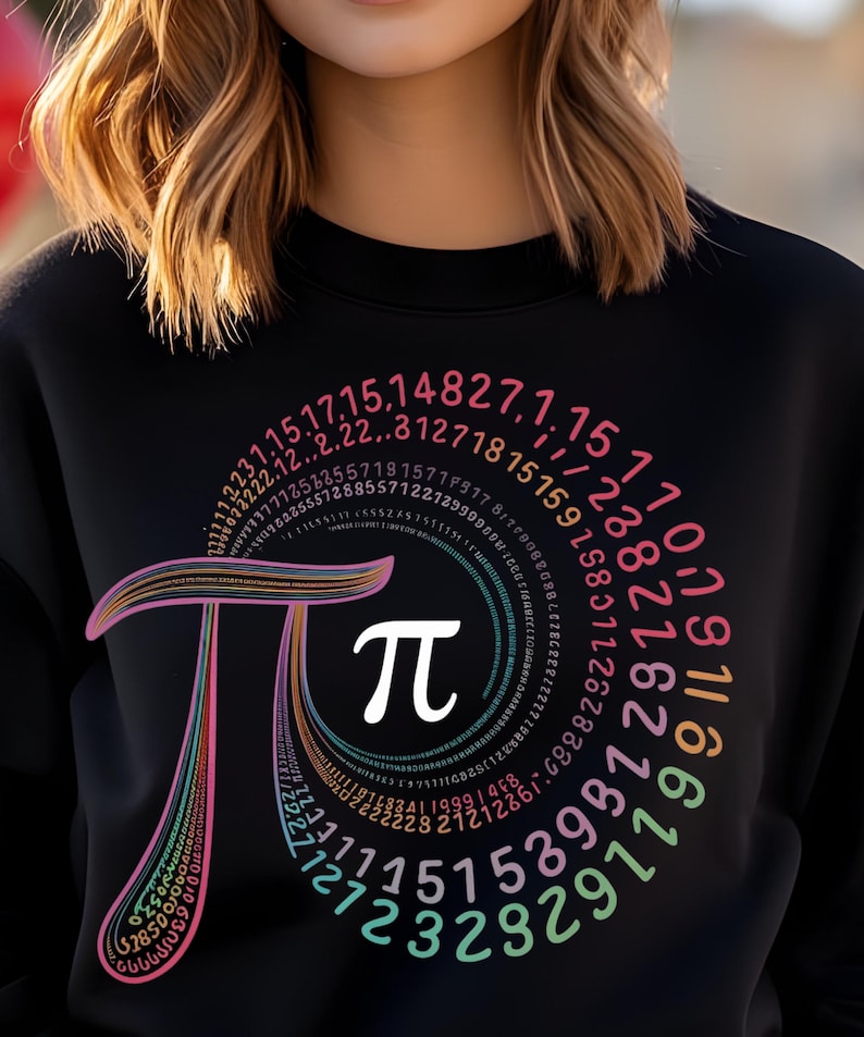 May include: A black sweatshirt with a colorful graphic of the mathematical constant pi. The graphic is a spiral of numbers, with the symbol for pi in the center.