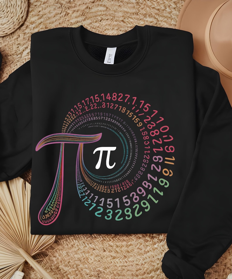 May include: Black sweatshirt with a colorful graphic of the mathematical constant pi, represented by the Greek letter &pi;, surrounded by a spiral of numbers.