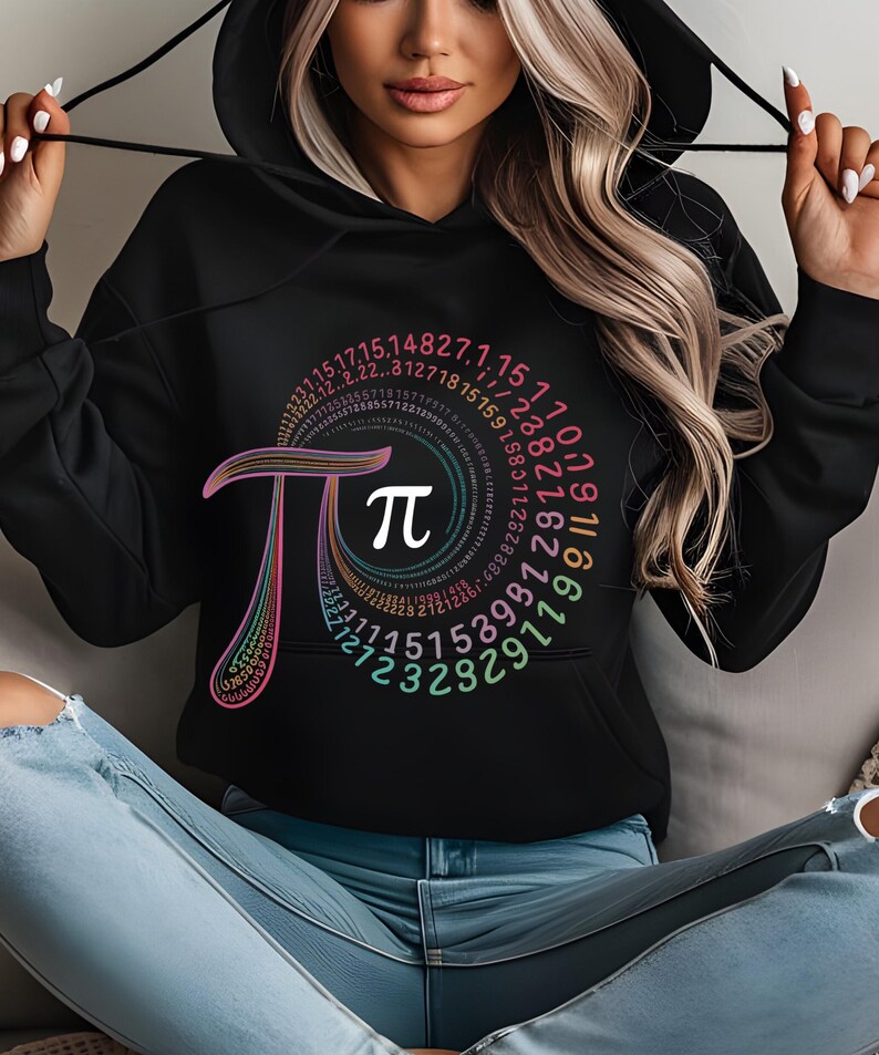 May include: Black hoodie with a colorful graphic of the mathematical constant pi, featuring a spiral of numbers.