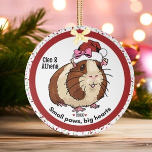 Round aluminum guinea pig custom ornament. Perfect gift for guinea pig lovers and owners. Personalized with names of pets, Cavy holiday gift